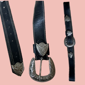 Vintage Western Leather Belt Silver Buckle Black Cowhide